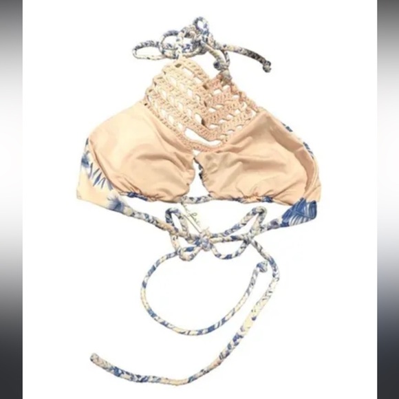Frankie’s Bikinis Crochet Mimi Hawaiian Blush Tropical Pink Blue Floral Top - Picture 6 of 10